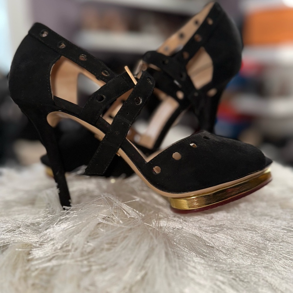 Charlotte Olympia Black Stiletto Heels with Gold Platform 37.5 EU Authentic